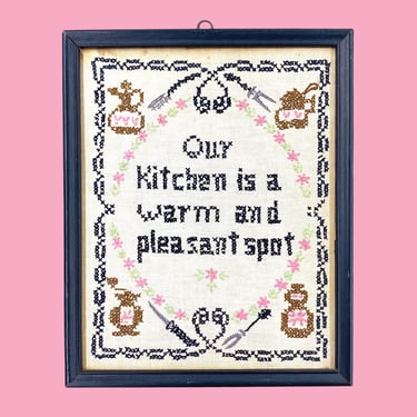 Vintage Cross-Stitch 1950s Retro Size 11x9 Farmhouse + Our Kitchen is a Warm and Pleasant Spot + Handmade + Embroidery + Fiber Art + Decor 