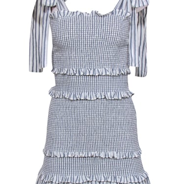 LoveShackFancy - Blue & White Striped Smocked Dress w/ Ruffles & Tie Shoulders Sz S