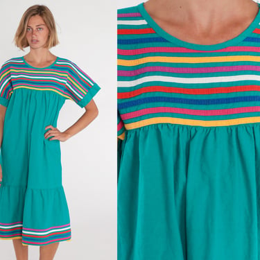 Green Striped Dress 80s Midi Dress Tiered Ruffle Hem Tent Short Sleeve Retro Lounge Day Cotton Red Yellow Pink Blue Vintage 1980s Large L 