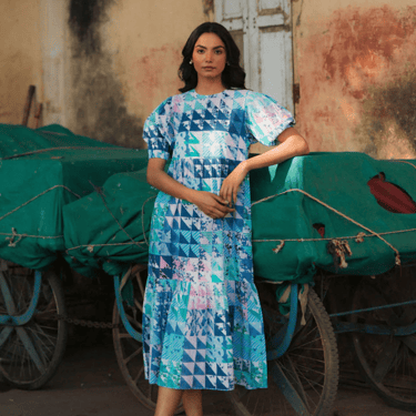 Lara dress, blue and green geo
