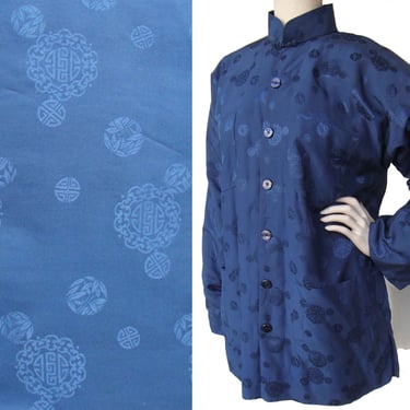 Vintage Mandarin Blue Silk Padded Jacket Peony of Shanghai Asian Coat XL 