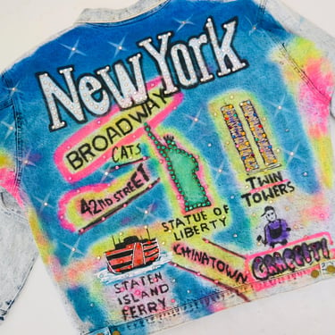 80s 90s Vintage Denim Jacket New York City Painted Rhinestones Airbrushed JEAN Jacket Medium Large Tony Alamo Inspired Stone Acid Wash Denim 