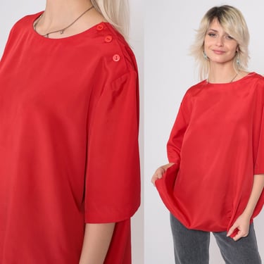 Red Silky Blouse 90s Plain Shirt Short Sleeve Top 1990s Simple Basic Vintage Button Shoulder Pullover Shirt Plus Size 24W 3x xxl 