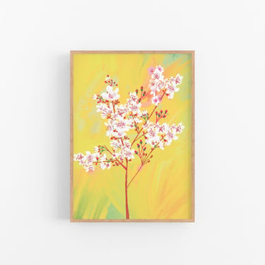 Yellow Art, Cherry Blossom Tree, Above Couch Art // Relaxing Flower Art Print, Maximalist Decor, Dorm Room Decor, Aesthetic Wall Art 