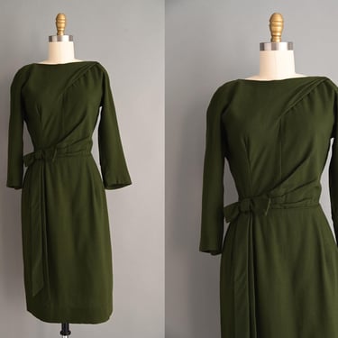 vintage 1950s Dress | Moss Green Winter Wool Wiggle Dress | Small 