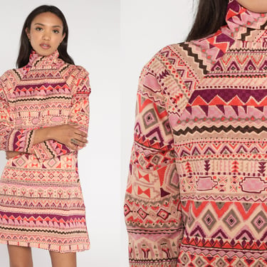 Mod Mini Dress 60s Geometric Aztec Print Pink Mock Neck Southwest Minidress Shift Long Sleeve Vintage 70s Boho Turtleneck Medium Large 