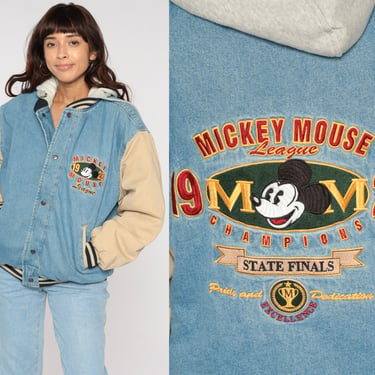 Mickey Mouse Bomber Jacket 90s Hooded Disney Denim Jacket Varsity Jacket Khaki State Finals Baseball Letterman 1990s Vintage Men's Medium 