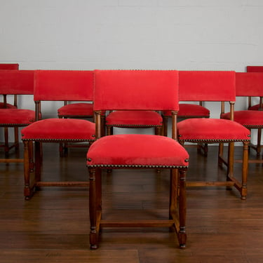 Antique Country French Provincial Oak Dining Chairs W/ Red Fabric - Set of 10 