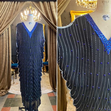 1980s beaded kaftan, Judith Ann creations, vintage gown, batwing, butterfly dress, black silk, metallic silver, cocoon dress, scalloped, lg 