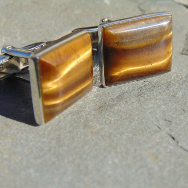 Mexican Sterling and Tigers Eye Stone Cuff Links with Toggle Backs 