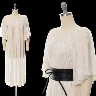 Vintage 1970s Dress | 70s Off White Cotton Gauze Metallic Gold Lurex Embroidered Angel Sleeve Trapeze Flowy Midi (x-small/small/medium) 