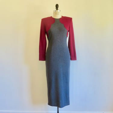 1940's Style Burgundy and Gray Fall Winter Midi Knit Dress Long Sleeves Shoulder Pads 1980's does 40's All That Jazz 30
