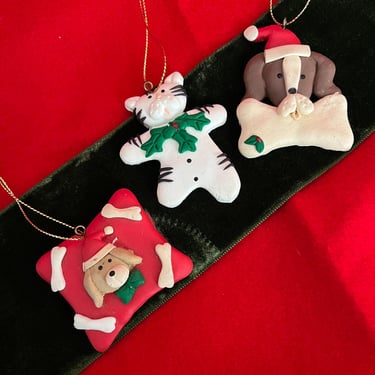 Pet Lover Ornaments, Dogs, Cat, Lot of 3, Christmas Tree Holiday Decor, Santa Pups, Striped Kitty Ornament 