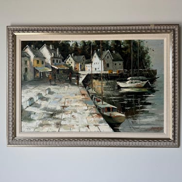 1980's L. Babbitt Village Coastal Harbor Landscape Oil on Canvas Painting, Framed 