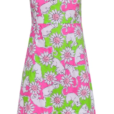 Lilly Pulitzer - Pink & Green Strapless Dress w/ Leopardsr Detail Sz 8