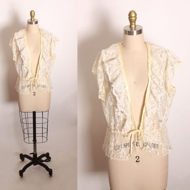 1970s Cream Lace Flutter Short Sleeve Sheer Lace Vest Blouse by Miss Joni -XL 