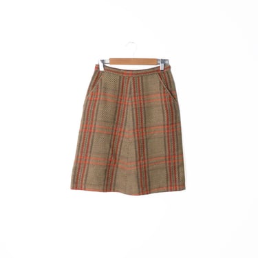 Vintage 60s Wool High Waisted Fall Plaid Over The Knee Skirt Size S 