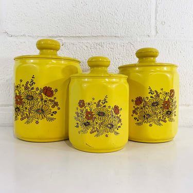 Vintage Flower Power Aluminum Canisters Yellow Sugar Flour Plastic Lid Metal Jar Retro Kitchen Floral Kromex Canister Set 1960s 