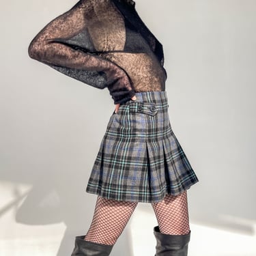 Slate Plaid Pleated Hem Mini Skirt (S)