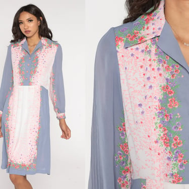 Floral Shirtwaist Dress 70s Blue Button Up Knee Length Midi Dress Retro Hippie Secretary Dress Pink Long Sleeve Vintage 1970s Medium Large 