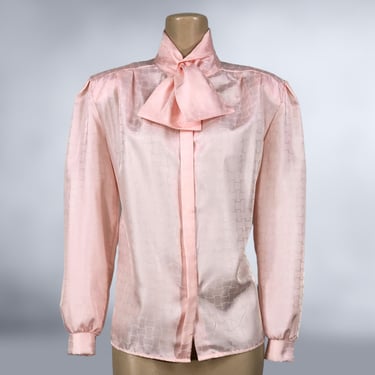 VINTAGE 80s Pink Jacquard Satin Lavaliere Pussybow Blouse by Orare Size 12 | 1980s Tie New Cravat Ascot Blouse | VFG 
