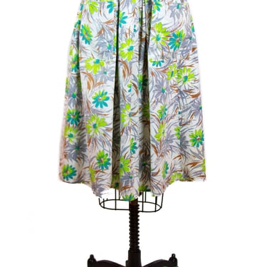 Vintage 1940s Skirt ~ Bright Floral Blue and Chartreuse Pleated Cotton Skirt with Pockets X-Small 