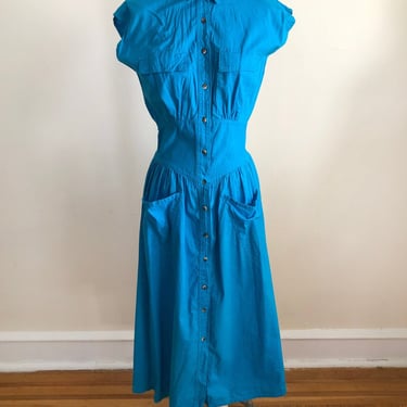 Bright Blue Cotton Shirtdress with Corseted Waist - 1980s 