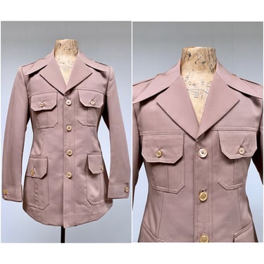 Vintage 1970s Men's Fitted Half-Norfolk Jacket, R.M Manlapat Custom Tailored 70s Polyester Gabardine Casual Coat with Epaulets, 40