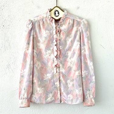 Vintage 80s Embroidered Lace Pink Blouse Shirt High Collar Top 