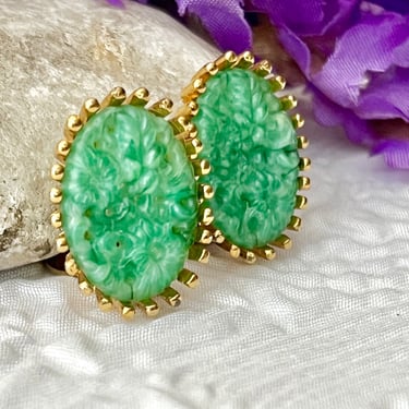 Jade Green Glass Earrings, Cut Out, Carved, Natural Stone, Clip On, Joseph Mazer, Vintage 50s 60s 