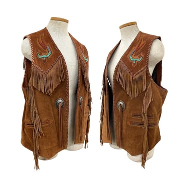 Vtg 90s Southwestern Mexican Turquoise Beaded Brown Suede Fringe Leather Vest 