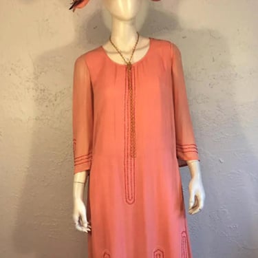 Lady Caroline Dester's Enchantment - Vintage 1920s Salmon Pink/Peach Silk Chiffon Beaded Silk Day Dress - 4/6 