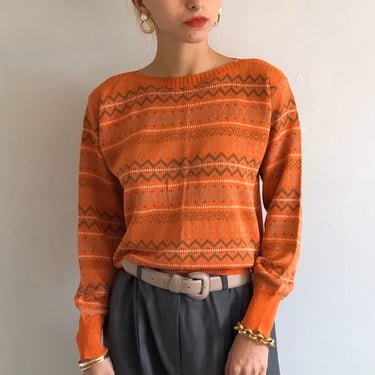 70s CACHAREL linen sweater / vintage orange linen fair isle boatneck lightweight Cacharel sweater made in Italy | Small 