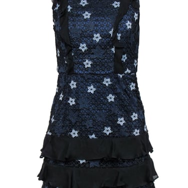 Parker - Navy, Light Blue &amp; Black Star Lace Ruffled Sheath Dress Sz 0