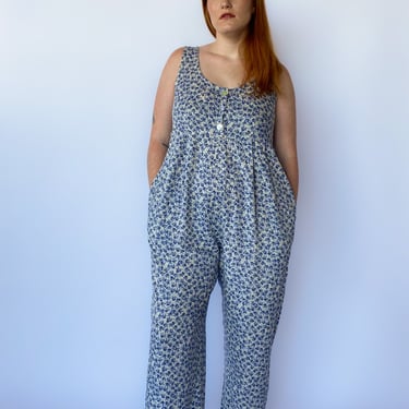 1990s Blue and White Floral Jumpsuit