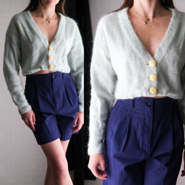 Vintage 60s Mint Mohair Cropped Cardigan w/ Large Ornate Cream Buttons | Bohemian, Cottagcore, Crochet | 1960s Artisan Mohair Wool Sweater 