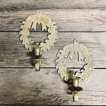 Set of 2 Brass Wreath Sconce Wall Hanging Winter Decor Metal Candleholder Candle Holder Indoor Outdoor 