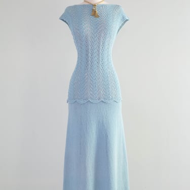 Dreamy 1930's Powder Blue Hand Knit Dress With Dropped Waist / ML
