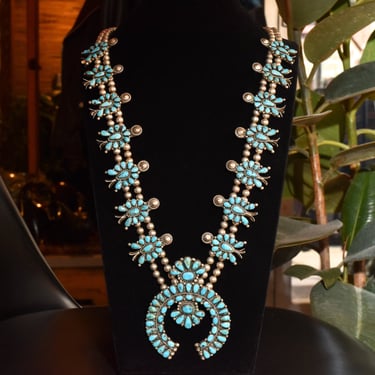 Remarkable Vintage Native American Zuni Sterling Silver Turquoise Squash Blossom Necklace Old Remarkable Vintage Native American Zuni Sterling Silver Turquoise Squash Blossom Necklace Old