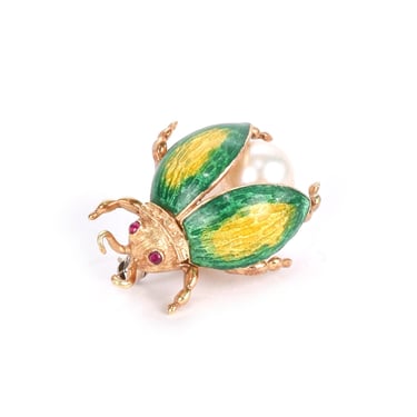 Vintage 14K Gold, Ruby, Pearl, and Enamel Beetle Brooch, Yellow Gold Bug Brooch with Enamel, Pearl, and Ruby Eyes, Green Enamel Brooch 
