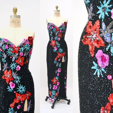 90s Vintage BOB MACKIE Dress Strapless Beaded Sequin Gown Black Pink Flower Dress XS Small 1990s Black Strapless Bob Mackie Cher dress 