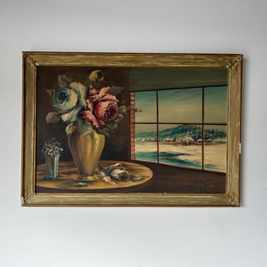Vintage Still Life Window View Oil Painting, Signed 