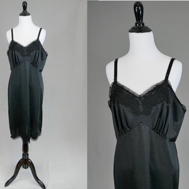 60s Black Slip - Lace Trim Full Nylon Dress Slip - Charmode from Sears - Vintage 1960s - Size Large, 42 