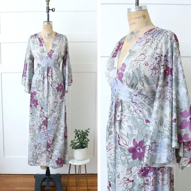 vintage 1970s kaftan dress • kimono sleeve floral dress in purple & silver nylon 