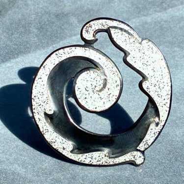 Margot de Taxco ~ Vintage Sterling Silver and White Confetti Enamel Wave Crashing Swirl Pin / Brooch 