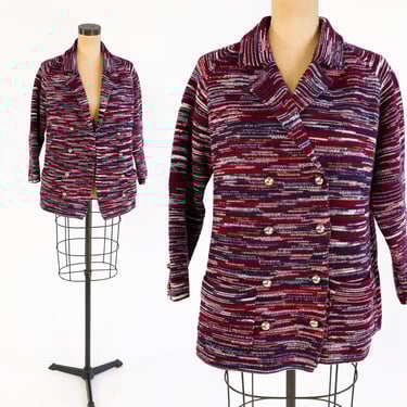 1970s Navy & Red Cardigan Sweater Jacket | 70s Navy Red Stripe Jacket | I Magnin | Large 