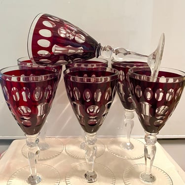 Rare Set of 7 Römer, Maroon Ruby Red Cut Clear Crystal Glasses Germany~ Old Etched Water Wine Glasses~Antique Glassware~ Egermann Bohemian 