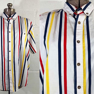 Vintage Basic Editions Striped Button Front Shirt Blue Yellow Red Primary Short Sleeve Seinfeld Plus Curvy Volup XL XXL 2XL 1990s 