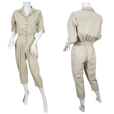 All That Jazz 1980s Khaki Tan Cotton One Piece Jumpsuit I Pantsuit I Sz Sm 