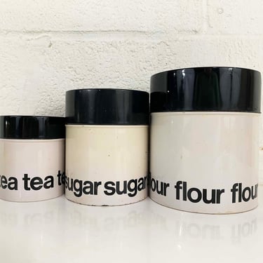 Vintage Metal Kitchen Canister MCM Typography Flour Sugar Tea Baking Storage Black & White MS Japan 1960s 
